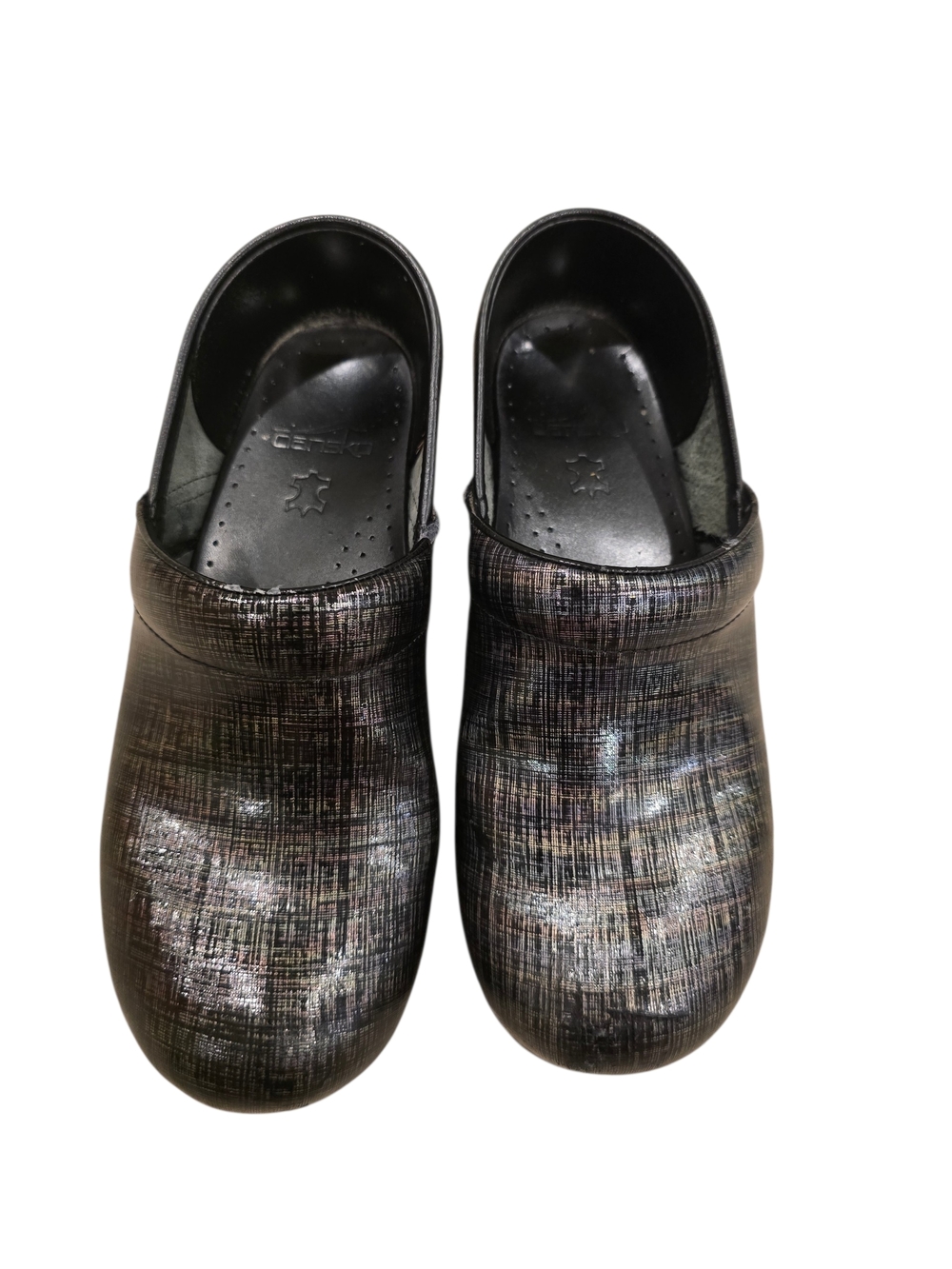 Dansko Black Multicolor Brushstroke Leather Clogs Linen Patent Size 37